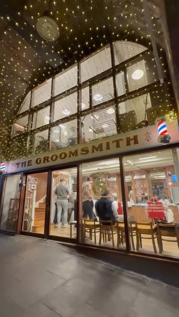 Fairy lights above the shopfront